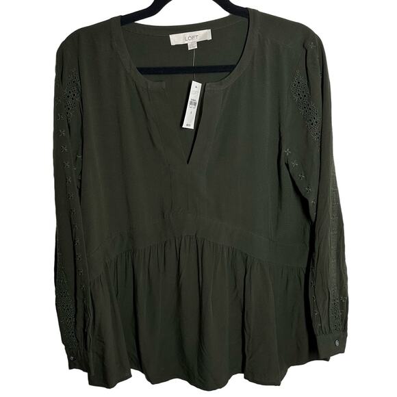 LOFT Tops - NEW Loft Olive Green Eyelet Embroidered Peplum Long Sleeve Blouse Size Small